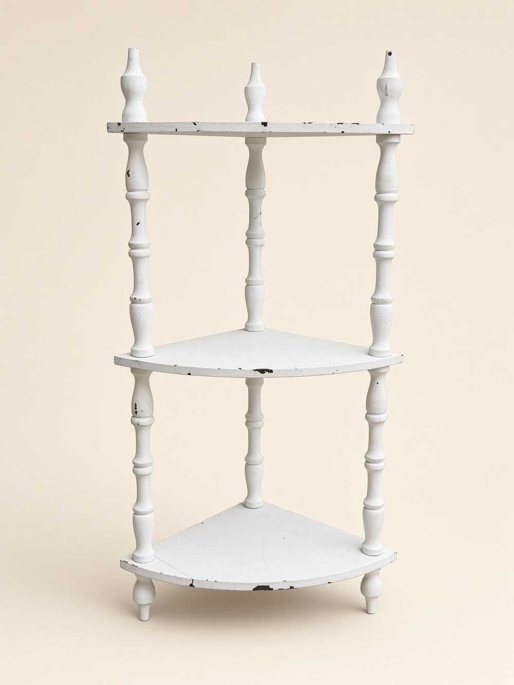 Vintage White 3-Tier Corner Shelf Stand Spindle Etagere Distressed Farmhouse